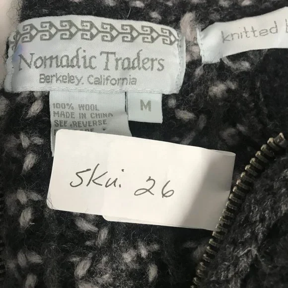 NOMADIC TRADERS Womens M Black Wool Fair Isle Zip Cardigan Sweater By Hand - Picture 11 of 11